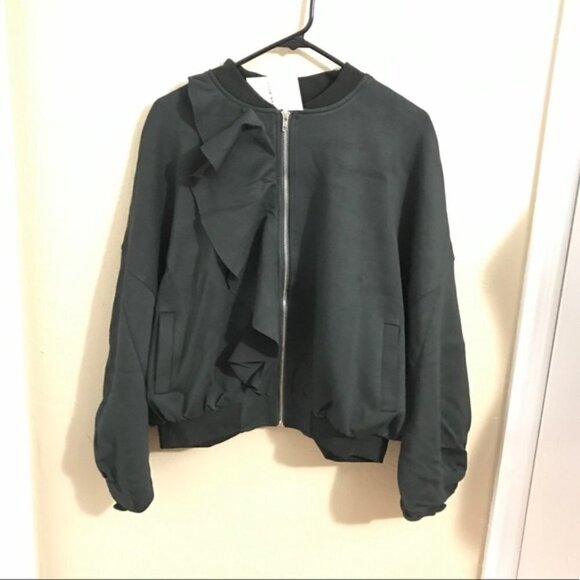 FEW MODA Bomber JACKET Ruffle Olive Green New with tags size Large #104 - Picture 3 of 13